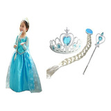 Vestido Frozen Elsa Infantil Fantasia Coroa Varinha Trança