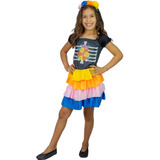 Vestido Halloween Infantil Caveira Mexicana Tiara Com Flor