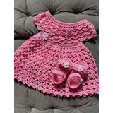 Vestido Infantil 0 6meses Rosa De Croche Com Sandália