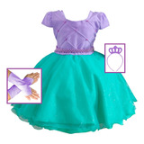 Vestido Infantil Ariel Luva E Coroa Pequena Sereia 1 Ao 4