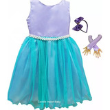 Vestido Infantil Ariel Pequena Sereia Luxo 4 A 12 Com Luvas