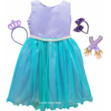 Vestido Infantil Ariel Pequena Sereia Luxo Com Tiara E Luvas