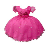 Vestido Infantil Barbie Festa Pink Brilho Temático Estrelas