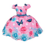 Vestido Infantil Borboletas Rosa Luxo Festa