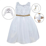 Vestido Infantil Branco Casamento Noivinha Luxo Luvas Bolero
