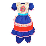 Vestido Infantil Festa Junina Azul Royal Boneca Caipira Luxo