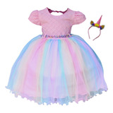 Vestido Infantil Festa Unicórnio Colorido Arco íris E Tiara