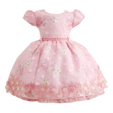 Vestido Infantil Florido Rosa Bebe Rodado Renda Pérolas Luxo