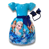 Vestido Infantil Frozen Azul C/tule + Sapatilha + Tiara