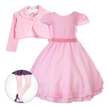 Vestido Infantil Juvenil Princesa Rosa Festa Kit Bolero Meia