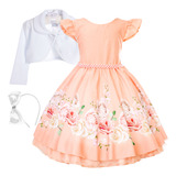 Vestido Infantil Juvenil Salmão Floral Luxo Realeza Bolero