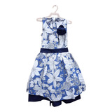 Vestido Infantil Luxo Com Broche Floral Azul Bella Bambina
