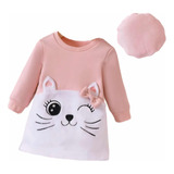 Vestido Infantil Manga Comprida Gatinha Com Boina Lançamento