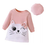 Vestido Infantil Manga Comprida Gatinha Com Boina Lançamento