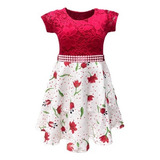 Vestido Infantil Manga Curta Rodado Renda E Faixa Pérolas