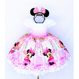 Vestido Infantil Minnie Rosa Luxo Tiara De Orelhinha