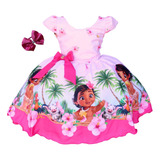 Vestido Infantil Moana Rosa Luxo Aniversário Oferta E Tiara