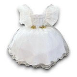 Vestido Infantil Off White Broches Dourados Natal Ano Novo