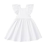 Vestido Infantil Para Meninas Verão Cor Sólida Mangas Voadoras Gravata Borboleta Festa Aniversário Escola Bebê Menina Branco 3 4 Anos