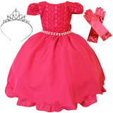 Vestido Infantil Pink Curto Com Luva E Tiara Coroa Princesa Aurora Barbie - Daminha Formatura Batizado Aniversário