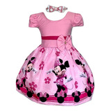 Vestido Infantil Temático Minnie Flores Rosa