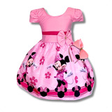 Vestido Infantil Temático Minnie Rosa Flores Manga Festa