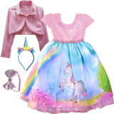 Vestido Infantil Unicórnio Rosa Luxo Bolero 4 Ao 16 E Tiaras