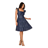 Vestido Jeans Chambray Moda Midi Alça Babado Elegante Soltin