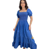 Vestido Jeans Longo Manga Bufante Elástico Nas Costas frente