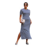 Vestido Listrado Feminino Longo Com Fenda Na Lateral Classic