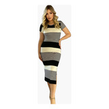 Vestido Listrado Feminino Midi Evangelico Malha Premium