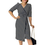 Vestido Listrado Preto E Branco Feminino Midi Outono