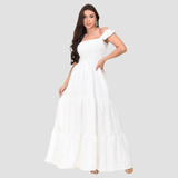 Vestido Longo Com Lastex Alça Ciganinha Tecido Duna Premium