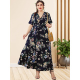Vestido Longo Feminino Estampado Bojo Acinturado Manga Curta