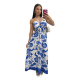Vestido Longo Feminino Flores Viscose Verão Sem Manga