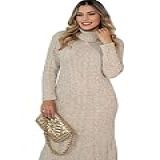 Vestido Longo Feminino Manga Comprida Gola Alta Tricot Malha Inverno Solto Soltinho Larguinho -BR- Alfa- Único- Plus Size- Regular- Padrão- Creme-