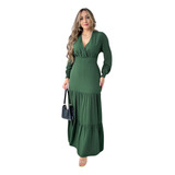 Vestido Longo Feminino Manga Longa Princesa Bufante Decote