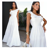 Vestido Longo Feminino Manga Nula Com Babado Sofisticado