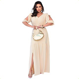 Vestido Longo Fenda Modesto Plus Size Acinturado Forro Luxo