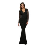 Vestido Longo Festa Renda Decote V Manga Longa Dj271