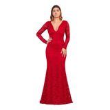 Vestido Longo Festa Renda Decote V Manga Longa Dj300