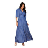 Vestido Longo Jeans Decote V Manga Curto 0296