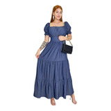 Vestido Longo Jeans Manga Curto