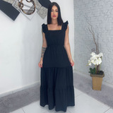 Vestido Longo Luxo Feminina Com Babada Na Mangas