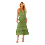 Vestido Longo Midi Crochê Alça Forrado Festa Tricot Life