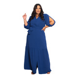 Vestido Longo Plus Size Duna Feminino Decote V Faixa Fenda