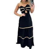 Vestido Longo Preto Com Nude Chique Leve Verão Alça Bolinha