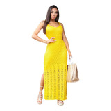 Vestido Longo Tricot Renda Forro Alcinha Fenda Madrinha
