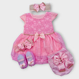 Vestido Luxo Rn A 12 Meses Renda Baby Kit 5 Pç Menina Laço