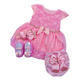 Vestido Luxo Rn A 12 Meses Renda Baby Kit 5 Pç Menina Laço